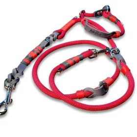 Mobile Preview: Leinen-Halsband-Set aus Tau und Leder, mit Name "Amelie", Zugstop, rot velvet und grau