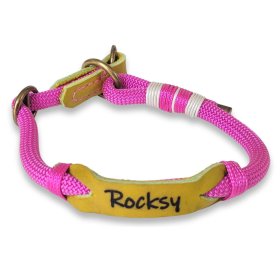 Zugstop Halsband aus Tau und Leder, mit Name Rocksy, passion rosa und lime grün