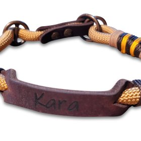 Halsband aus Tau und Leder, mit Name Kara, Zugstop, golden kupfer und braun