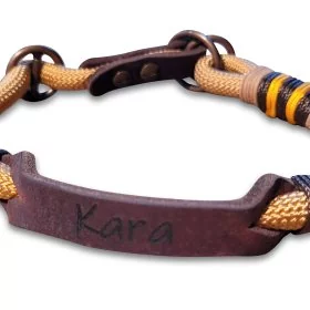 Mobile Preview: Halsband aus Tau und Leder, mit Name "Kara", Zugstop, golden kupfer und braun