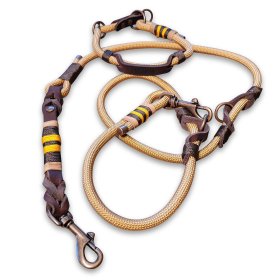 Leinen-Halsband-Set aus Tau und Leder, mit Name Kara, Zugstop, golden kupfer / braun