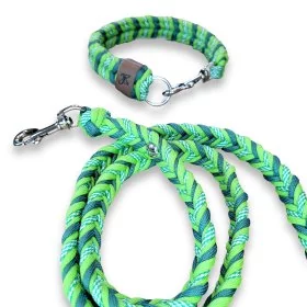 Mobile Preview: Halsband und Leine aus geflochtenem Paracord in den Farben leaf grün / alphine grün / white kelly green spiral. Beschläge Farbe nickel