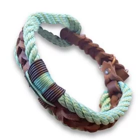 Zugstop Halsband aus Tau / Seil und Leder + geflochtene Leine aus Tau in sea grün und Leder in braun. Beschläge in kupfer antik.