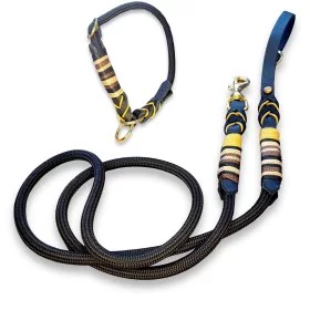 Mobile Preview: Leinen-Halsband-Set Tau und Leder, Zugstop, schwarz