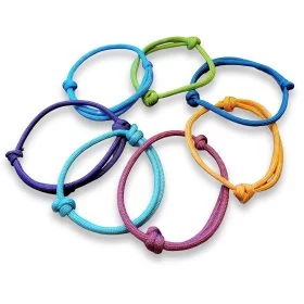 Mobile Preview: 7 Welpen-Halsbänder / Markierungshalsbänder: plum violett pes, deep lila, türkis, caribbean, pastel orange, dunkles baby blau, leaf grün