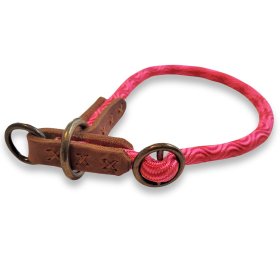 Hundehalsband Halsband aus Tau und Leder, Zugstop, rosa rot smooth wave und cognac braun