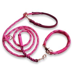 Mobile Preview: Leinen-Halsband-Set Tau und Leder, wild fuchsia und Leder rosa