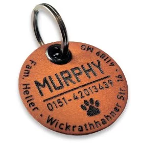 Mobile Preview: Hundemarke mit Gravur aus Leder mit Gravur Name, Adresse, Telefonnummer. Farbe vintage chocolate