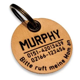 Hundemarke mit Gravur aus Leder mit Gravur Name, 2x Telefonnummer und Text am Rand. Farbe tortilla