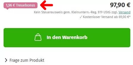 Screenshot aus dem Shop: Anzeige des Treuebonus auf der Artikelseite