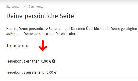 Screenshot aus dem Shop: Anzeige des Treuebonus auf der persönlichen Seite