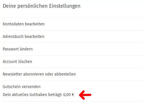 Screenshot aus dem Shop: Anzeige des Guthabens auf der persönlichen Seite