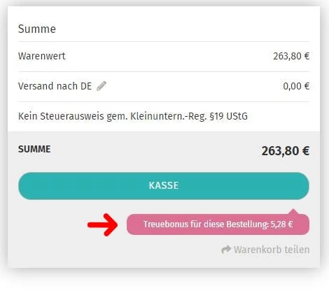 Screenshot aus dem Shop: Anzeige des Treuebonus im Warenkorb