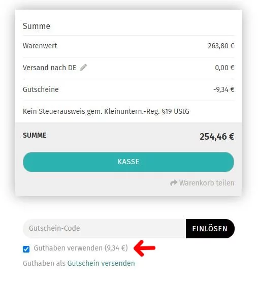 Screenshot aus dem Shop: Verwendung des Guthabens im Warenkorb