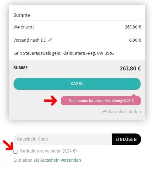 Screenshot aus dem Shop: Keine Verwendung des Guthabens im Warenkorb - dafür Treuebonus